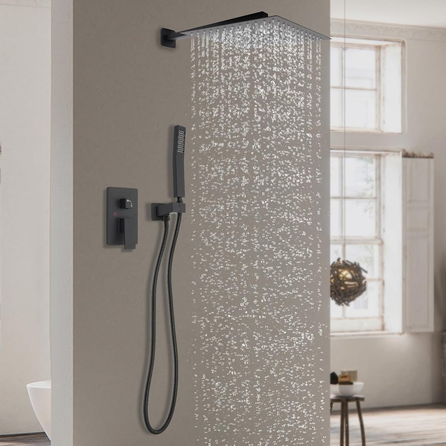 Doucheset – Regendouche – Douchekraan – Douchekop – Handdouche – Inbouw – Mat Zwart – Vierkante 30 cm Stortdouche – Dubbele Knoppen