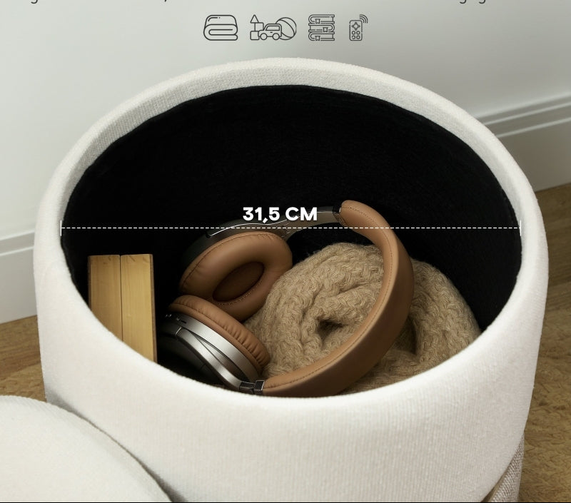 Poef – Opbergpoef – Zitzak – Voetenbankje – Hocker – Ronde Opbergpouf – Crème Wit Met Gouden Accenten – Zachte Chenille Zitting Met 30L Opbergruimte – Stevige MDF Constructie Met Metaalring 36x36x44 cm