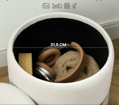 Poef – Opbergpoef – Zitzak – Voetenbankje – Hocker – Ronde Opbergpouf – Crème Wit Met Gouden Accenten – Zachte Chenille Zitting Met 30L Opbergruimte – Stevige MDF Constructie Met Metaalring 36x36x44 cm