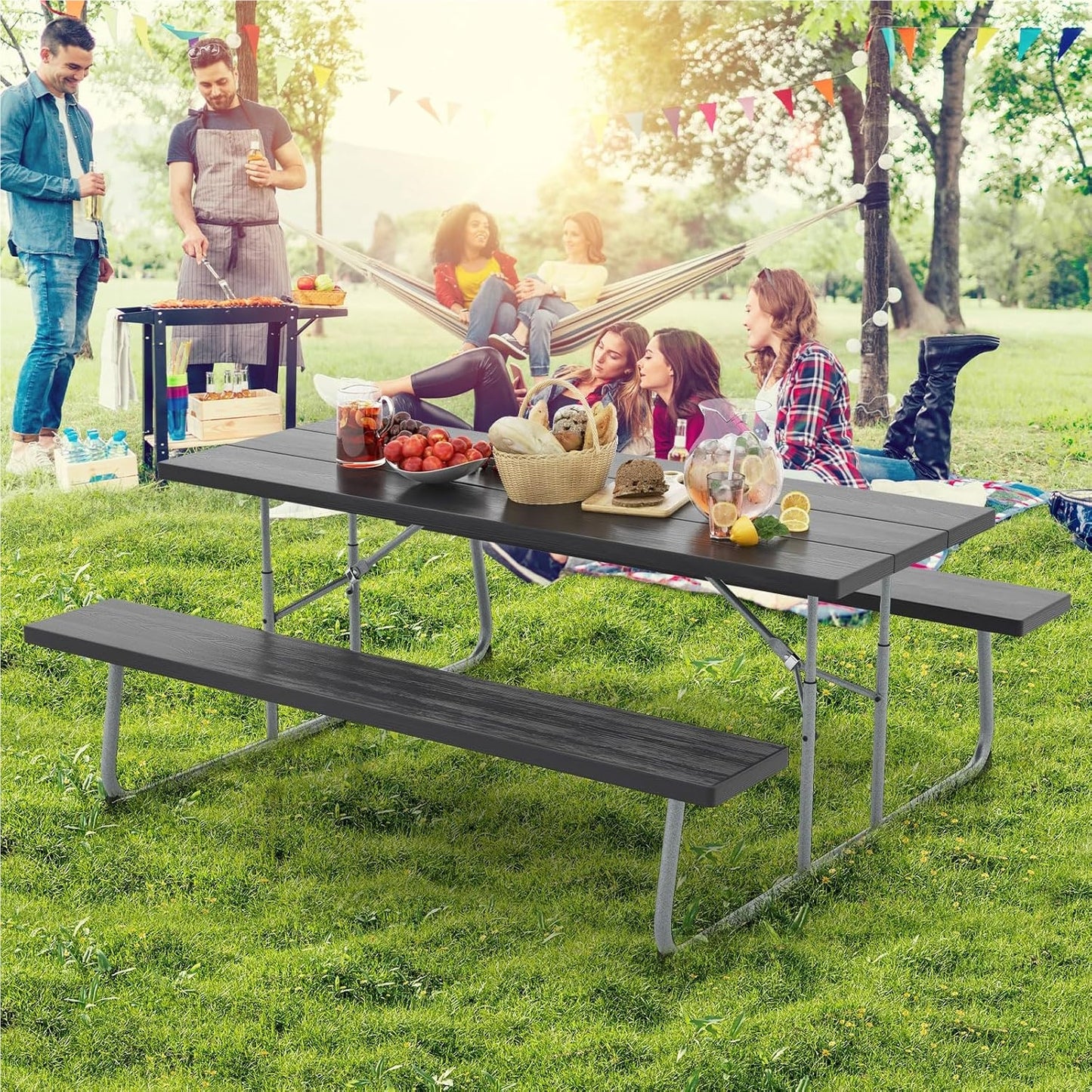Vouwbare Bierbank – Bier Tent Set – Picknicktafel – Tuinbank – Feesttafel – Zwart – Houtlook HDPE Blad – Inclusief Parasolgat