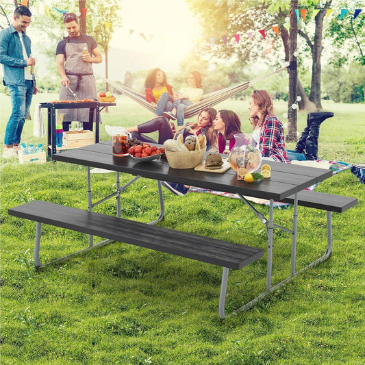 Vouwbare Bierbank – Bier Tent Set – Picknicktafel – Tuinbank – Feesttafel – Zwart – Houtlook HDPE Blad – Inclusief Parasolgat