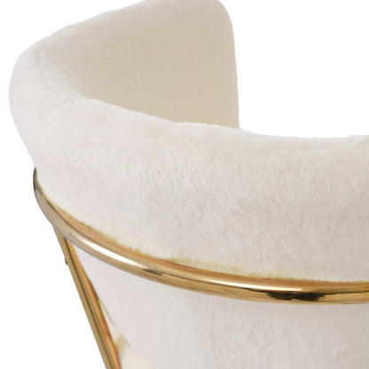 Luxe Fauteuil – Lounge Stoel – Eetkamerstoel – Make-up Stoel – Beige Imitatierabbitvacht – Gouden Metalen Poten – Stevig Metaalframe – Gemakkelijk Te Monteren
