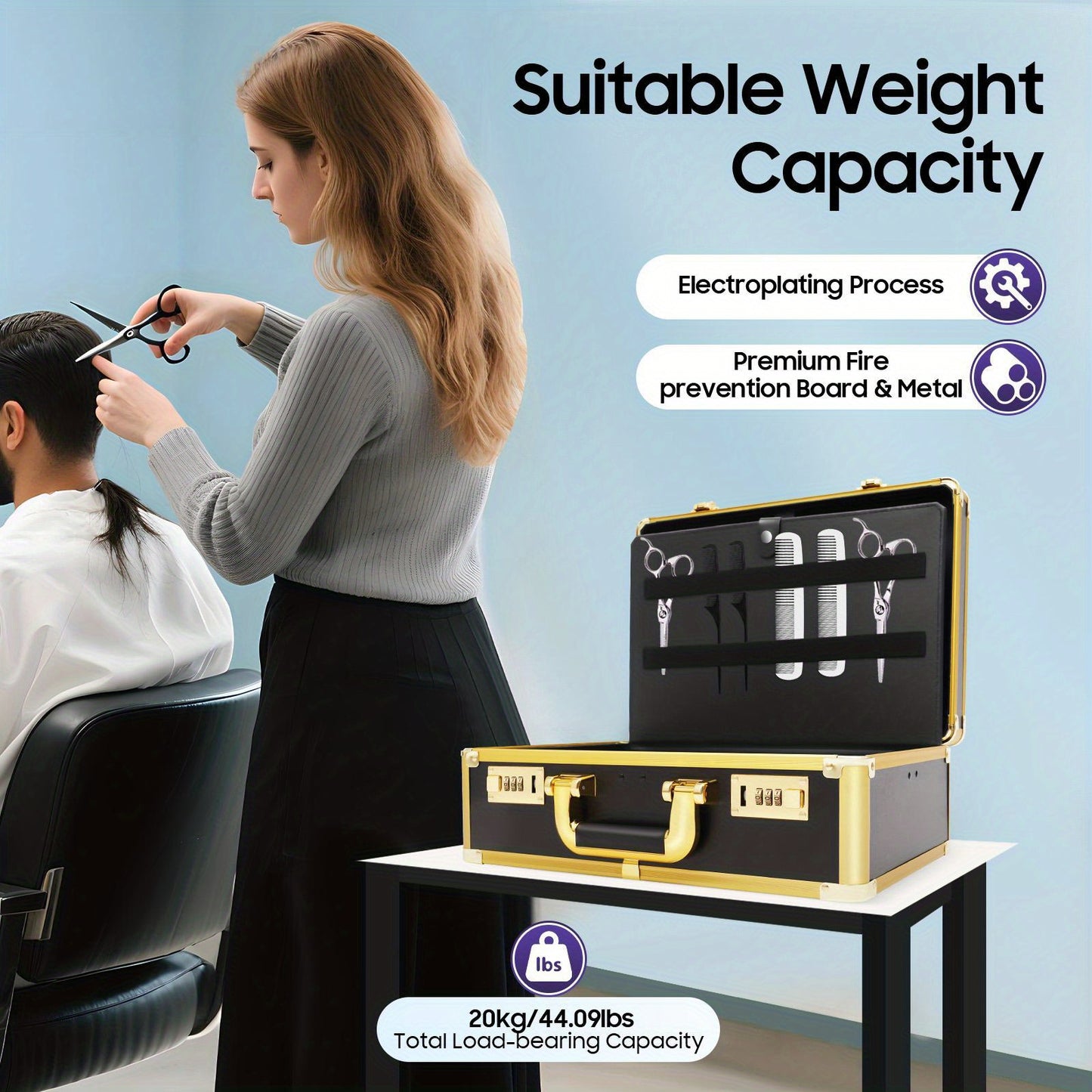 Professional Hairdressing Case | Golden Rectangular Design with Combination Lock, 20kg Weight Capacity, Ideal for Cosmetic Tools, Haircutting Equipment, Travel Makeup Storage - TOOL1SHOOO