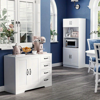 Modern White Sideboard Cabinet with 4 Drawers & Storage Door - Heavy-Duty Hardwood Construction, Contemporary Minimalist Design with Black Knobs, Space-Saving Vertical Storage for Living Room, Hallway, Small Spaces - Easy Ass