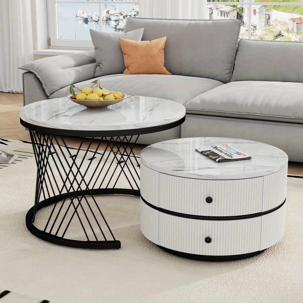 Salontafel Set – Koffietafel Set – Bijzettafel Set – Nestbare Tafels – Ronde Salontafels – Hoogglans Marmerlook – 2 Drawers – 60x60 & 50x50 cm - Wit