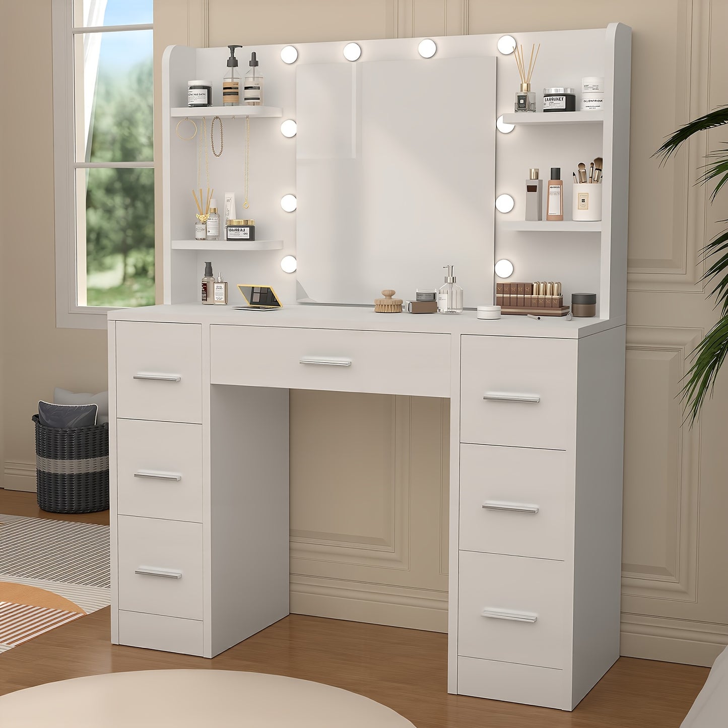 Make-up Tafel – Kaptafel – Schminktisch – Visagie Tafel – Vanity Desk – LED-Verlichting Met 10 Lampjes – Verstelbare Lichtintensiteit – Ruime Opbergruimte – Wit