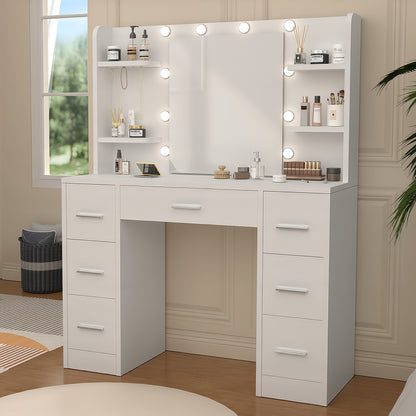 Make-up Tafel – Kaptafel – Schminktisch – Visagie Tafel – Vanity Desk – LED-Verlichting Met 10 Lampjes – Verstelbare Lichtintensiteit – Ruime Opbergruimte – Wit