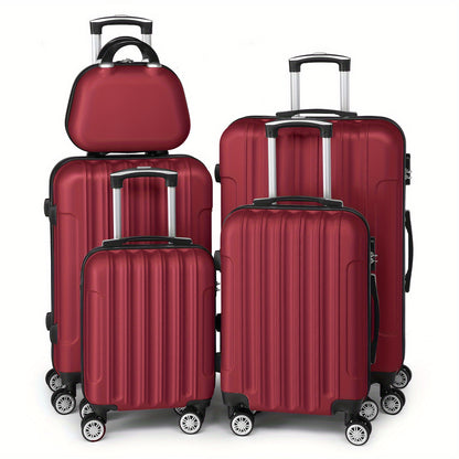 Kofferset – Reiskoffers – Trolley – Bagageset – Harde Koffers – 5-delig – Lichtgewicht ABS – TSA Cijferslot – 360° Spinnerwielen – Wijnrood