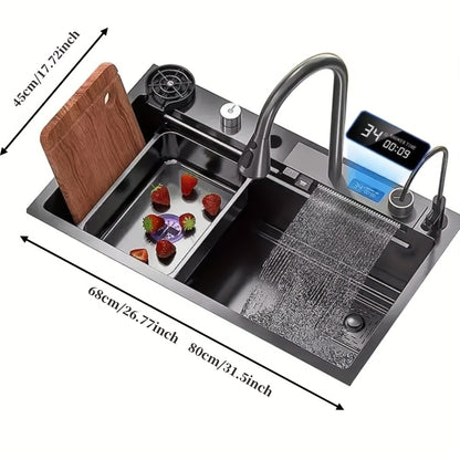 Zwarte Spoelbak – Keukenspoelbak – Inbouwspoelbak – RVS Spoeltafel – Roestvrijstalen Spoelbak – 80x45 cm – Multifunctionele 360° Kraan – Inclusief Snijplank en Waterzuiveringskraan