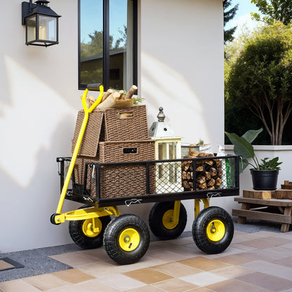 Tuinwagen – Transportwagen – Kar – Wagon – Aanhanger – Afneembare Zijden – 180° Draaibare Hendel – Stalen Frame 200 kg Draagkracht – Zwart/Geel