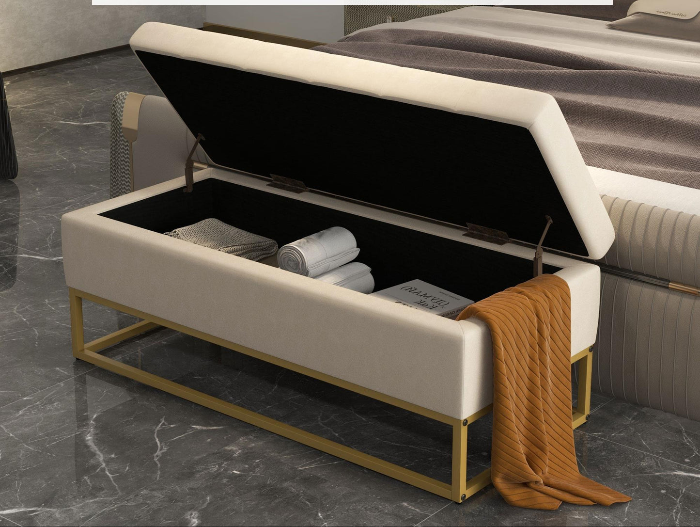 Opbergbank – Opbergmeubel – Zitbank – Halbank – Fluwelen Bank Beige – Met Opbergruimte – Goudkleurige Stalen Poten – 110x44x49 cm