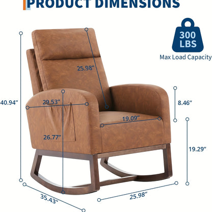 Modern Wingback Glider Rocking Chair with Ergonomic High Backrest & Smooth Rocking Mechanism - Heavy Duty 136.08KG Capacity Brown Accent Rocker with Side Pockets, Easy Assembly, Sturdy Rubberwood-Like Frame for Living Room, B