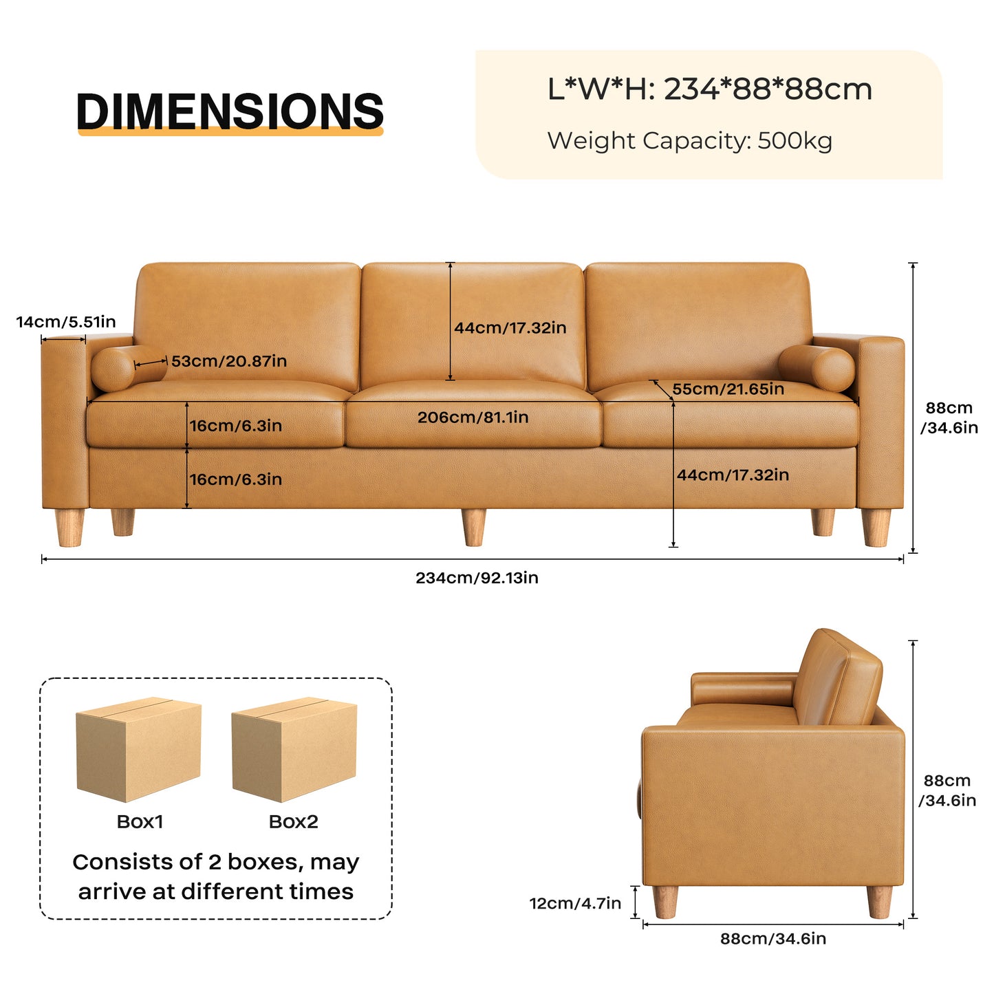 Modern 3-Seater Sofa Couch with Thick PU Leather Cushions & Pillows - -Assembly Wide, Sturdy Frame Suitable for Living Room, Bedroom, Office - Spacious Contemporary Sofa for Families & for While Back (Assembly Required)
