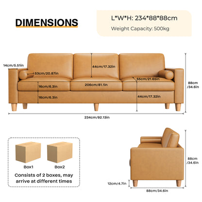 Modern 3-Seater Sofa Couch with Thick PU Leather Cushions & Pillows - -Assembly Wide, Sturdy Frame Suitable for Living Room, Bedroom, Office - Spacious Contemporary Sofa for Families & for While Back (Assembly Required)