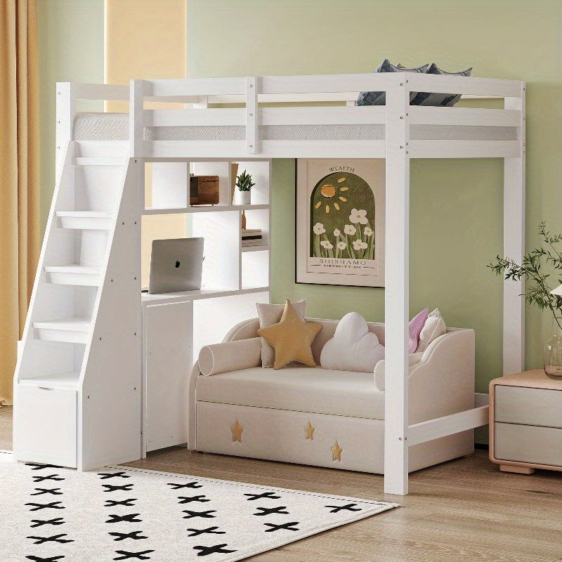 Hoogslaper – Stapelbed – Bedbank – Kinderbed – Eenpersoonsbed – Met Bureau en Opbergruimte – Stevig Wit Frame – 200 cm Hoog