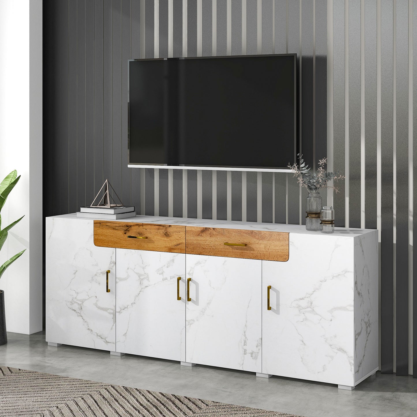 Sideboard – Dressoir – Tv-meubel – Buffetkast – Opbergkast – Houtlook Met Zwarte Accenten – 208x39,5x80 cm – MDF Met Melamine Coating