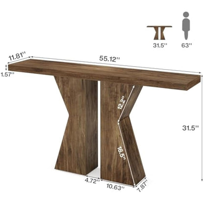 Console Tafel – Smalle Sidetable – Haltafel – Sofa Tafel – Sidetable Eikenlook – 140 cm Breed – 4 cm Dikke Houten Top – Robuuste K-vormige Onderstel