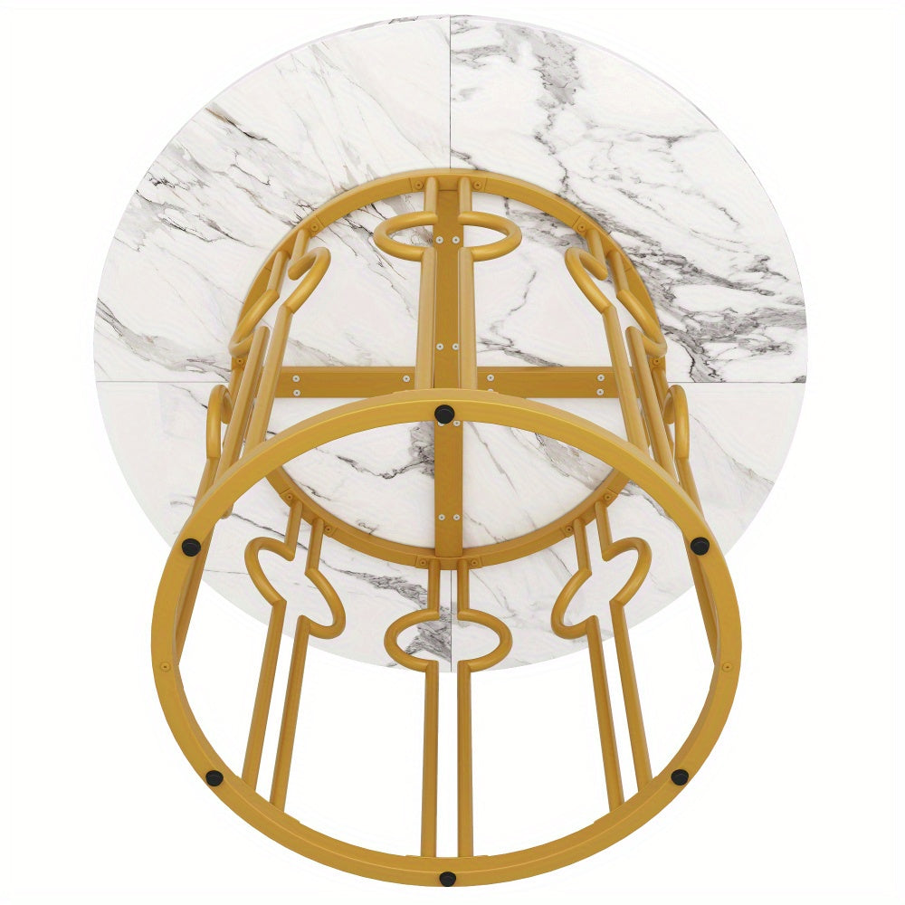 Eettafel – Ronde Tafel – Keukentafel – Woonkamertafel – Eetkamertafel – Marmeren Blad – Gouden Metalen Poten – 100 cm Diameter – Stijlvol Klassiek Design