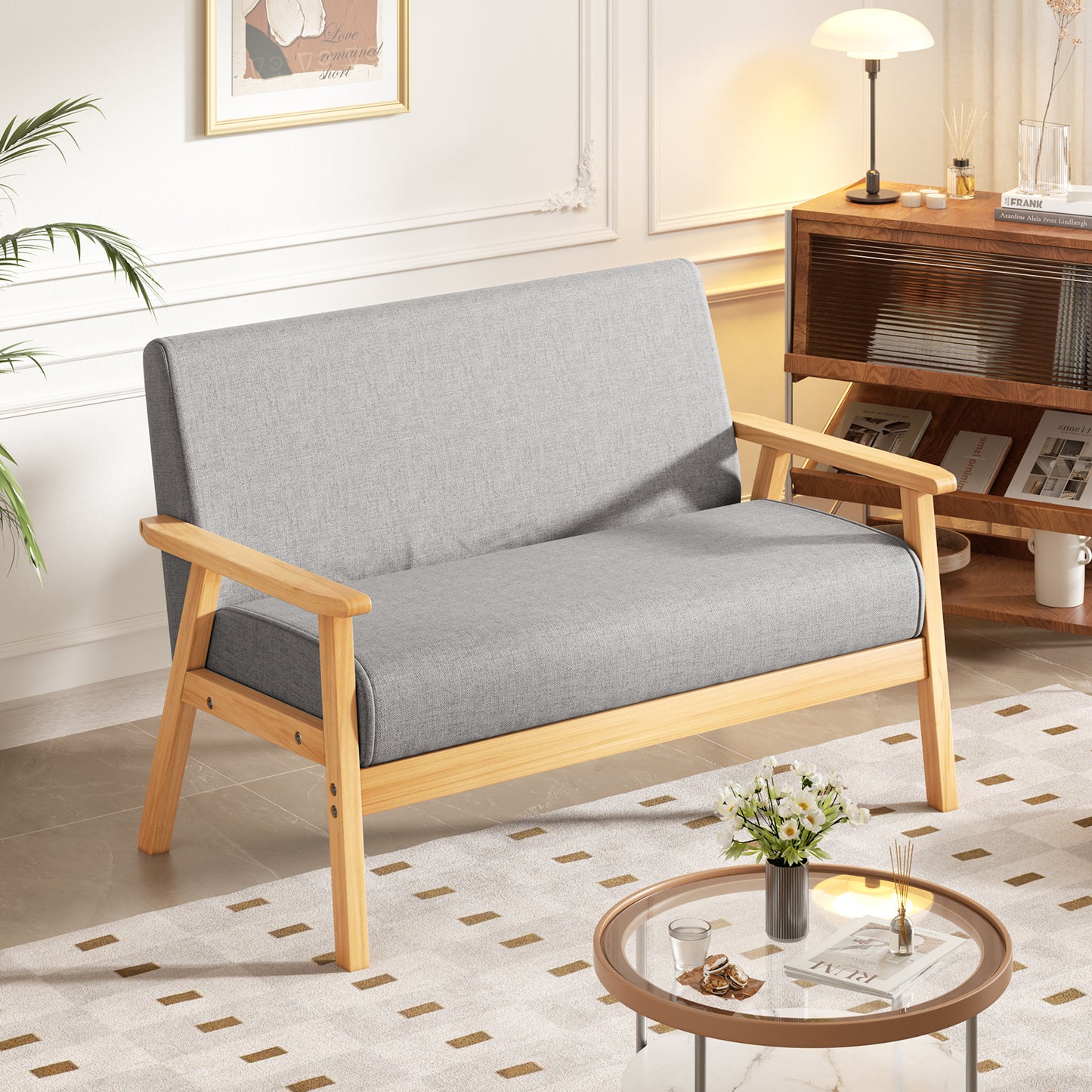 Bankstel – 2-Zitsbank – Sofa – Zitbank – Slaapbank – Linnen Bekleding – Massief Houten Frame – Comfortabel Zitten – Lichtbeige