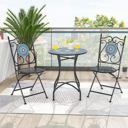 Bistroset – Balkonset – Tuinset – Stoelenset – Tuinmeubel – Mozaïekdesign – 3-delig – Inklapbaar Metalen Frame – Comfortabele Hoge Rugleuningen
