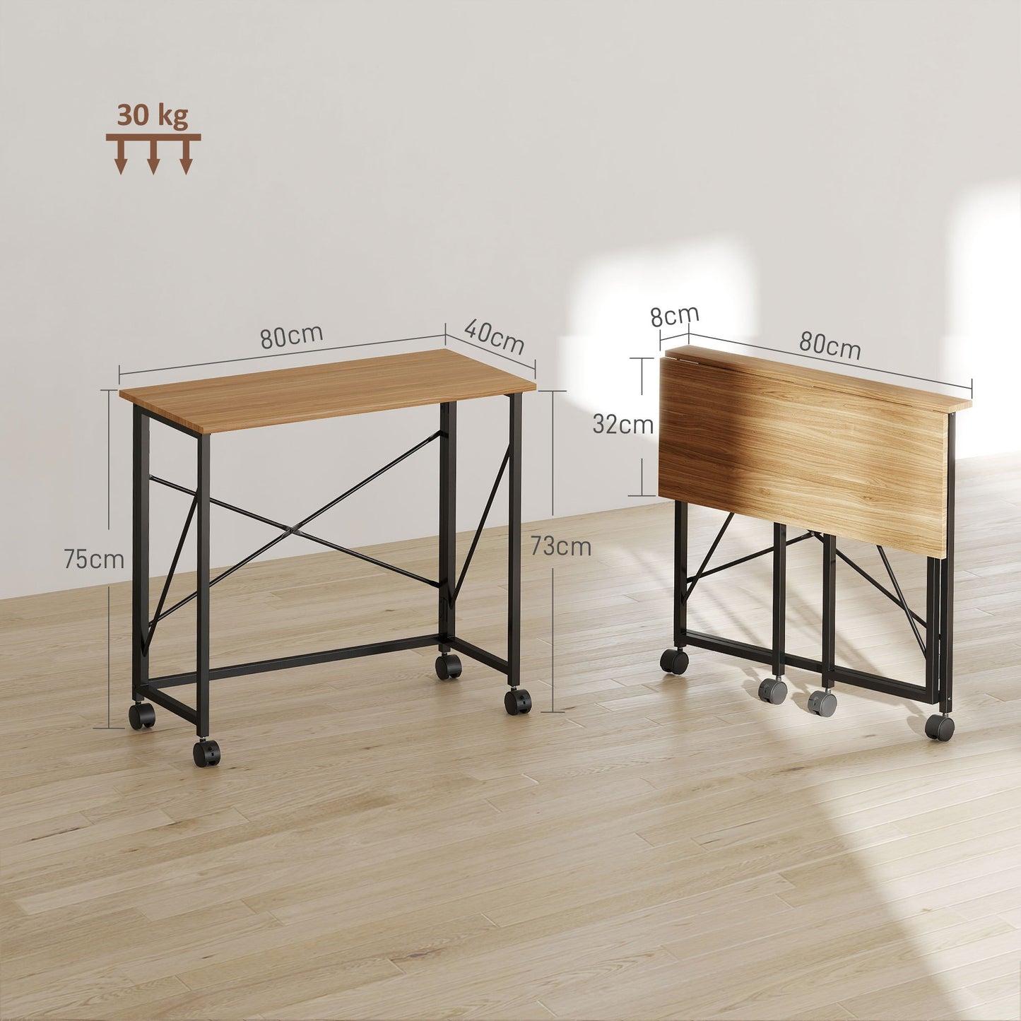 Inklapbaar Bureau – Vouwbureau – Werktafel – Laptoptafel – Mobiel Bureau – Eiken MDF Tafelblad – Stalen Frame – Wieltjes – Ruimtebesparend