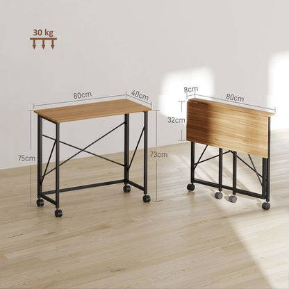 Inklapbaar Bureau – Vouwbureau – Werktafel – Laptoptafel – Mobiel Bureau – Eiken MDF Tafelblad – Stalen Frame – Wieltjes – Ruimtebesparend