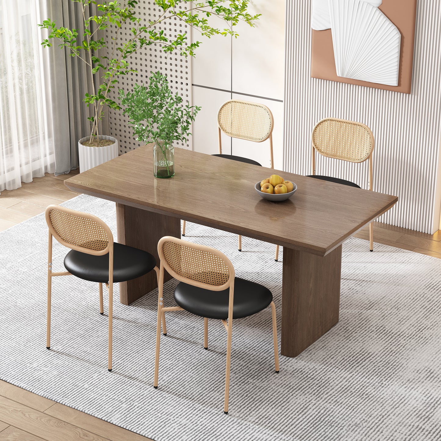 Merax 4-Piece Dining Chair Set, Modern Simple Leisure Chair with Four Metal Support Legs, Rattan Leisure Chair, Living Room and Bedroom Chair (Black+Brown)