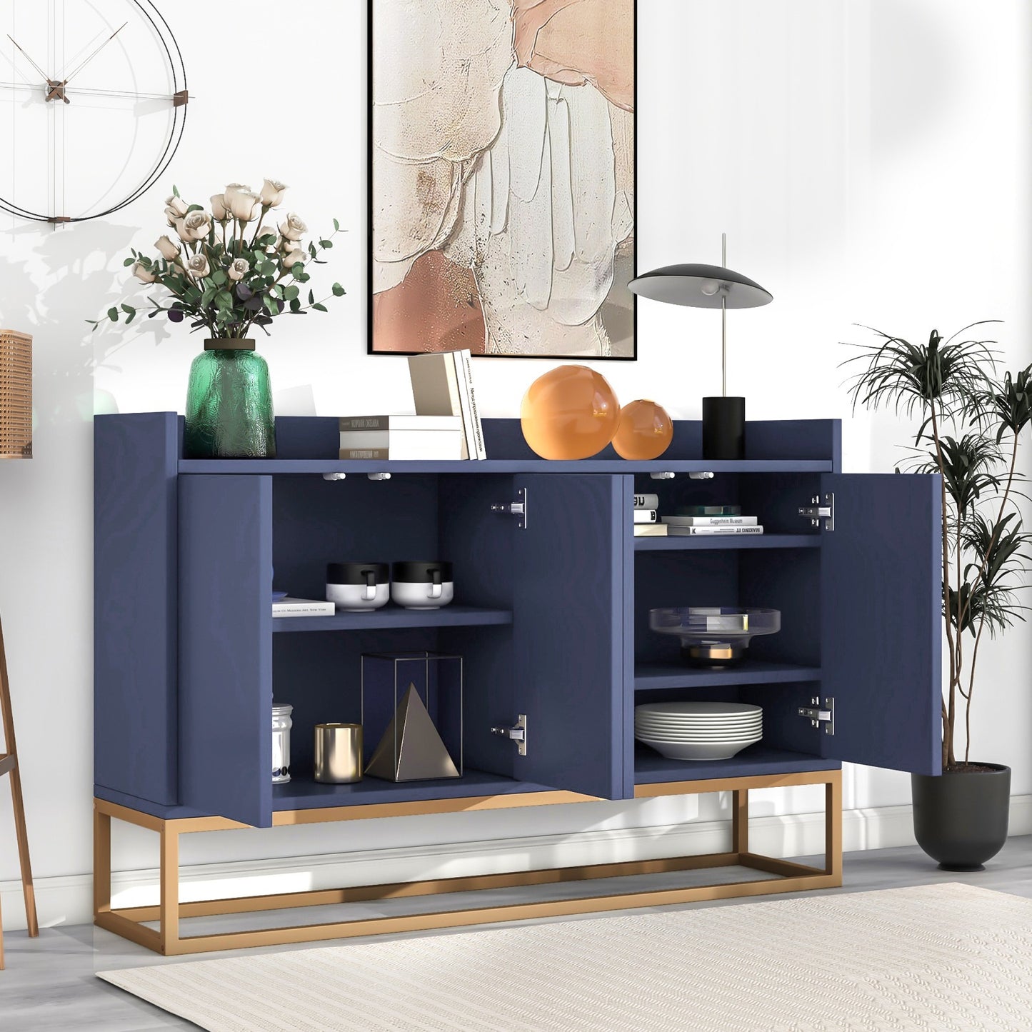 Sideboard – Dressoir – Opbergkast – Buffetkast – Kast – Greeploos Design – Verstelbare Planken – Metaalpoten – Wit – 120x30x80 cm