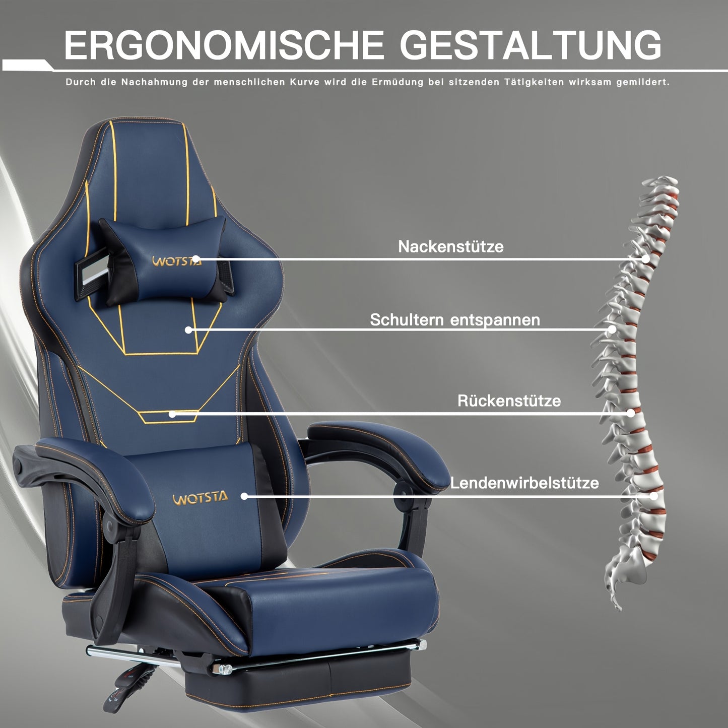 Gamingstoel – Gamestoel – Gaming Chair – Game Stoel – Bureaustoel – Verstelbaar – Met Voetensteun – Ergonomische Lendensteun – Lichtblauw