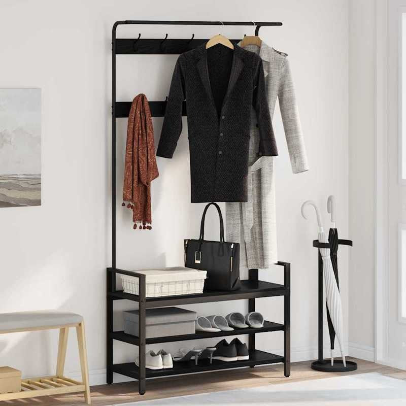 Extra Hoog Kapstokrek – Kledingrek – Garderoberek – Hangrek – Stellingrek – Zwart Eiken Fineer – 3-laags Opbergrek – 184 cm Hoogte – Stevige Engineered Houtstructuur