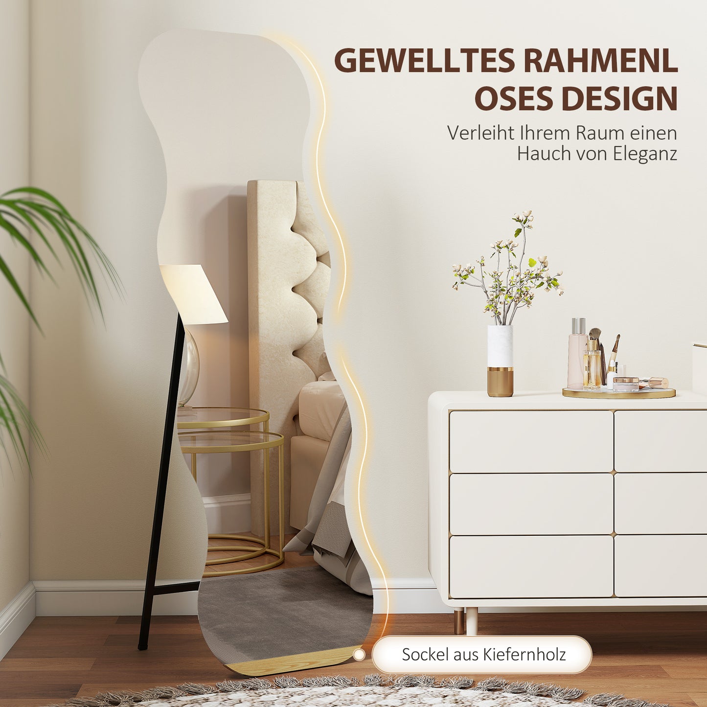 Ganzkörperspiegel – Full Length Spiegel – Staande Spiegel – Wandspiegel – Zwarte Spiegel – Houten Basis – Golvend Design – Zonder Frame – Flexibel Plaatsbaar