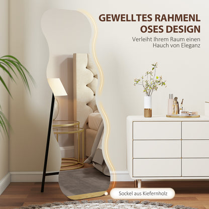 Ganzkörperspiegel – Full Length Spiegel – Staande Spiegel – Wandspiegel – Zwarte Spiegel – Houten Basis – Golvend Design – Zonder Frame – Flexibel Plaatsbaar