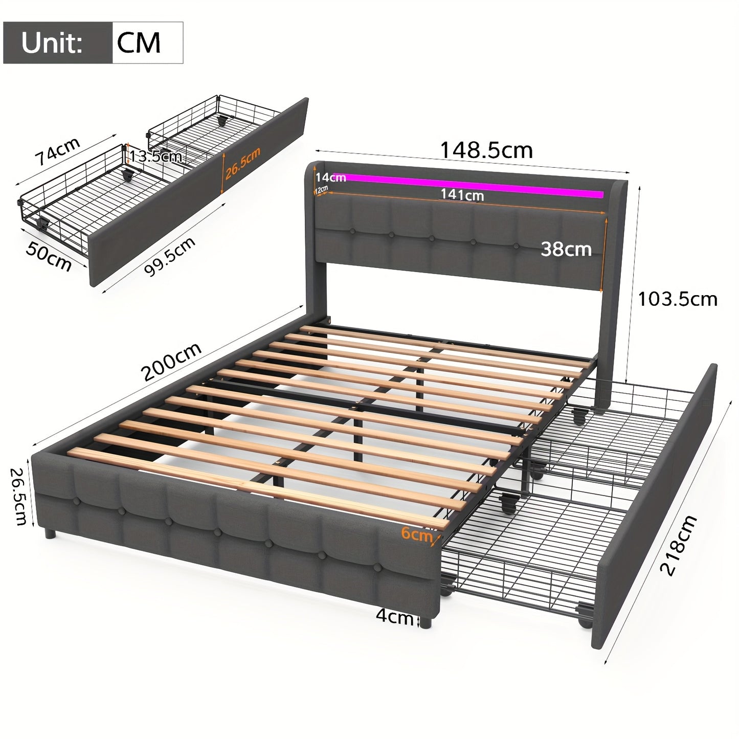 Gestoffeerd Bed – Bed Met Opberglades – Bedframe Met Opbergruimte – Lager Bed – Modern Bed – 140x200 cm – 2 Ruime Lades – Linnen Bekleding