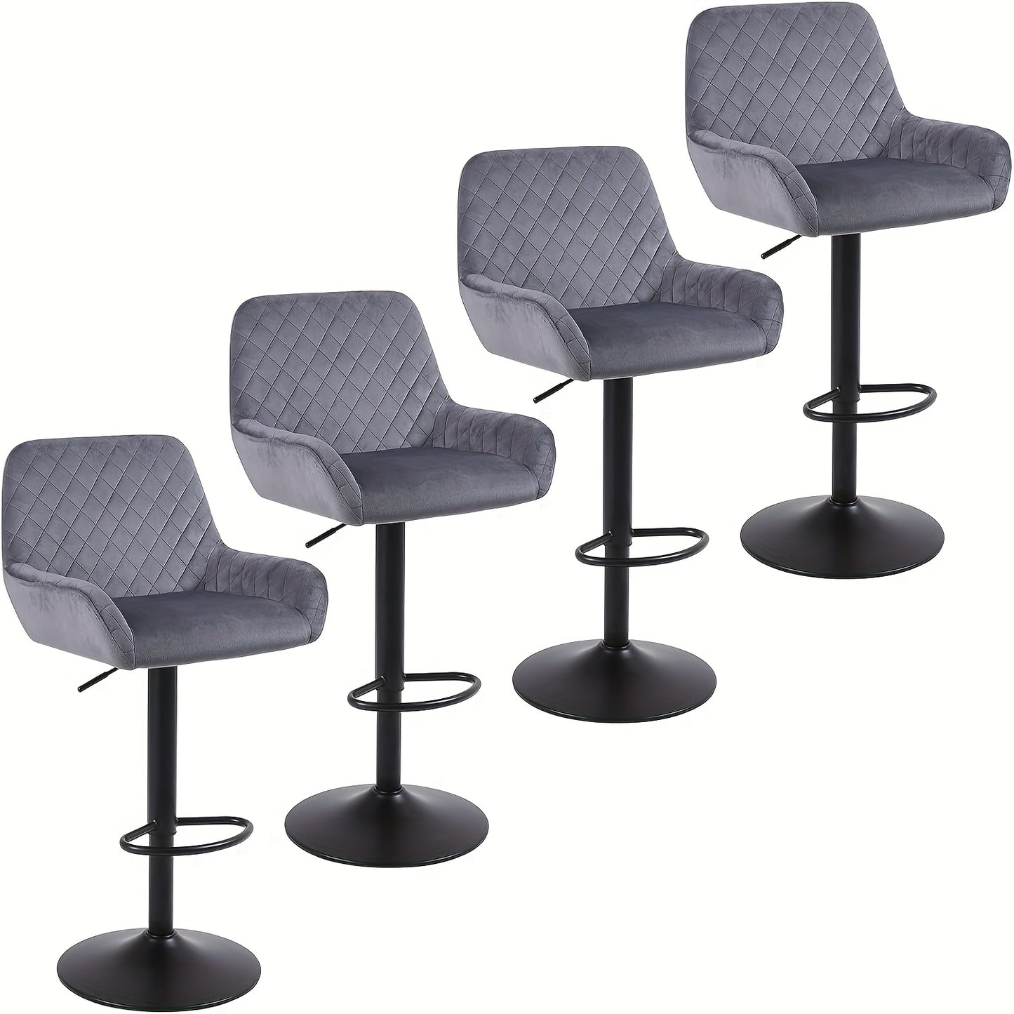 Barstoel – Barkruk – Barstoel Kruk – Barstoel Stoel – Barstoel Barkruk Set – Set Van 4 – Verstelbaar – 360° Draaibaar – Velvet – Met Rugleuning En Armleuningen – Max. 150 kg – Grijs