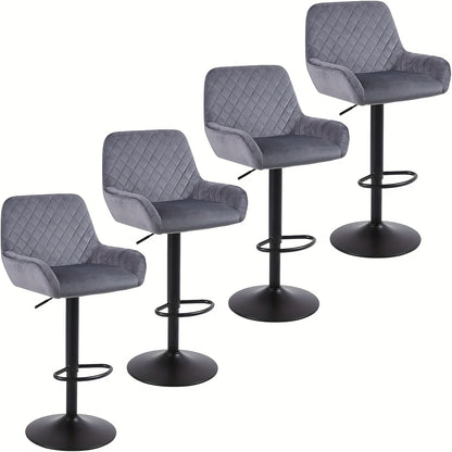 Barstoel – Barkruk – Barstoel Kruk – Barstoel Stoel – Barstoel Barkruk Set – Set Van 4 – Verstelbaar – 360° Draaibaar – Velvet – Met Rugleuning En Armleuningen – Max. 150 kg – Grijs