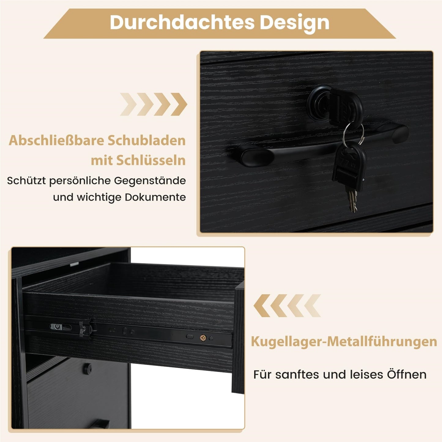 Rollende Opbergkast – Mobiele Ladenkast – Office Organizer – Printerstandaard – Rolcontainer – 4 Lade Met Slot – Verstelbare Plank – Zwart