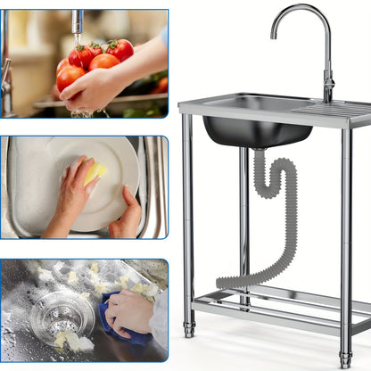 Roestvrijstalen Spoelbak Buiten – Tuinspoelbak – Mobiele Spoelbak – Buitenkraan – Enkele Bak – 75x40x80 cm – 304 RVS Materiaal – Mengkraan Warm/Koud
