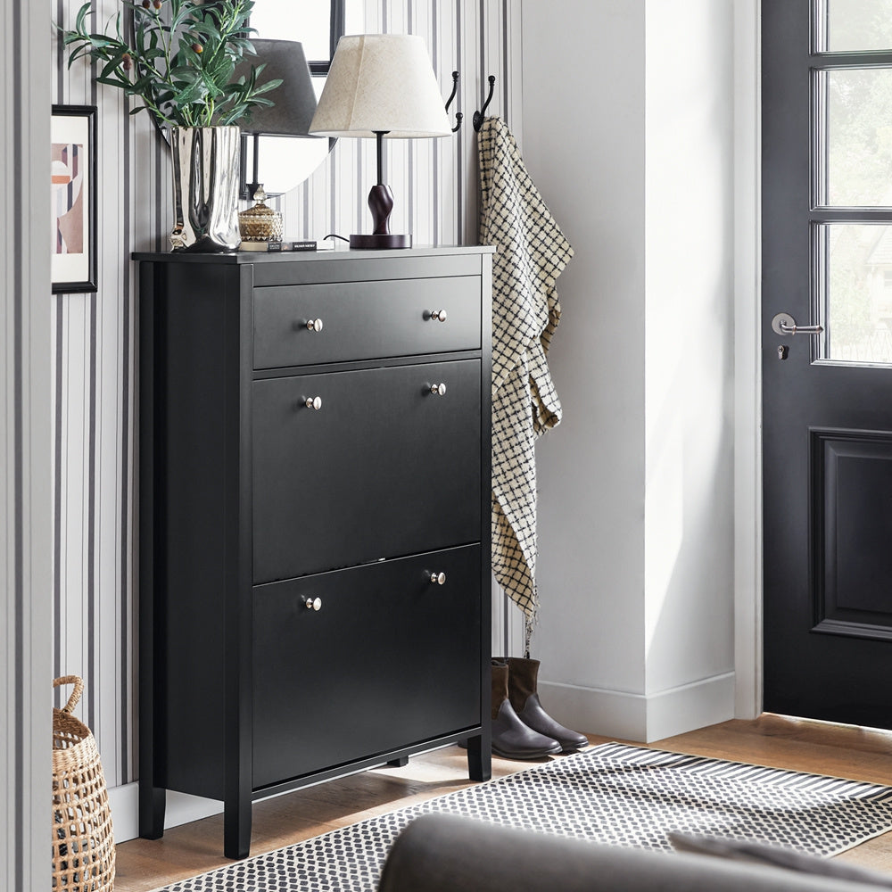 Schoenenkast – Schoenenrek – Schoenenkast – Schoenopberger – Schoenentoren – 2 Kleppen – Ingebouwde Lade – MDF – Slank Ontwerp 80x108x25 cm – Vloerbeschermers – Stijlvolle Metalen Handgrepen