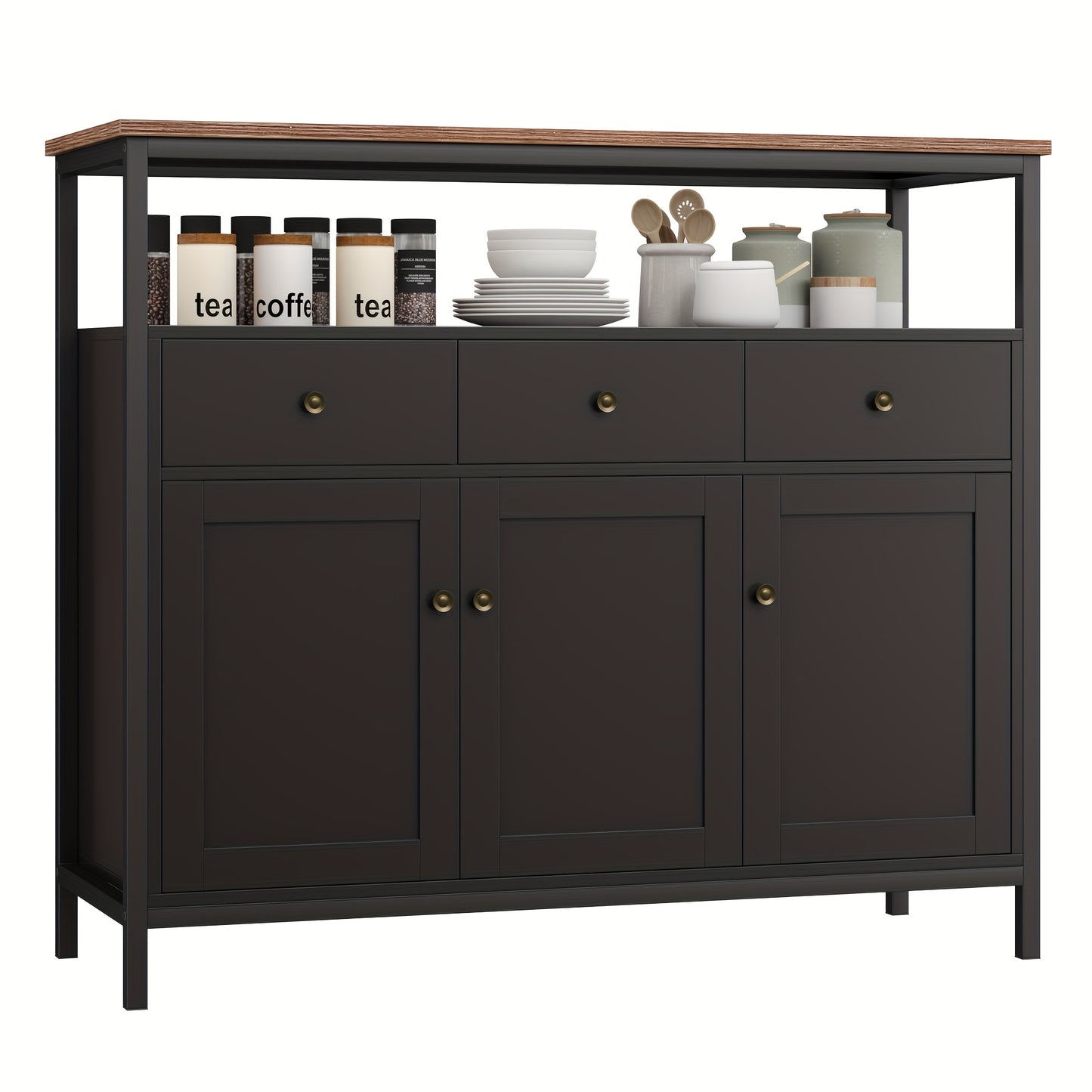 Kast – Opbergkast – Dressoir – Sideboard – Zwarte Vrijstaande Kast – Ruime Opbergruimte Met 3 Deuren & 3 Lades – Duurzaam Spaanplaat Met Metalen Poten
