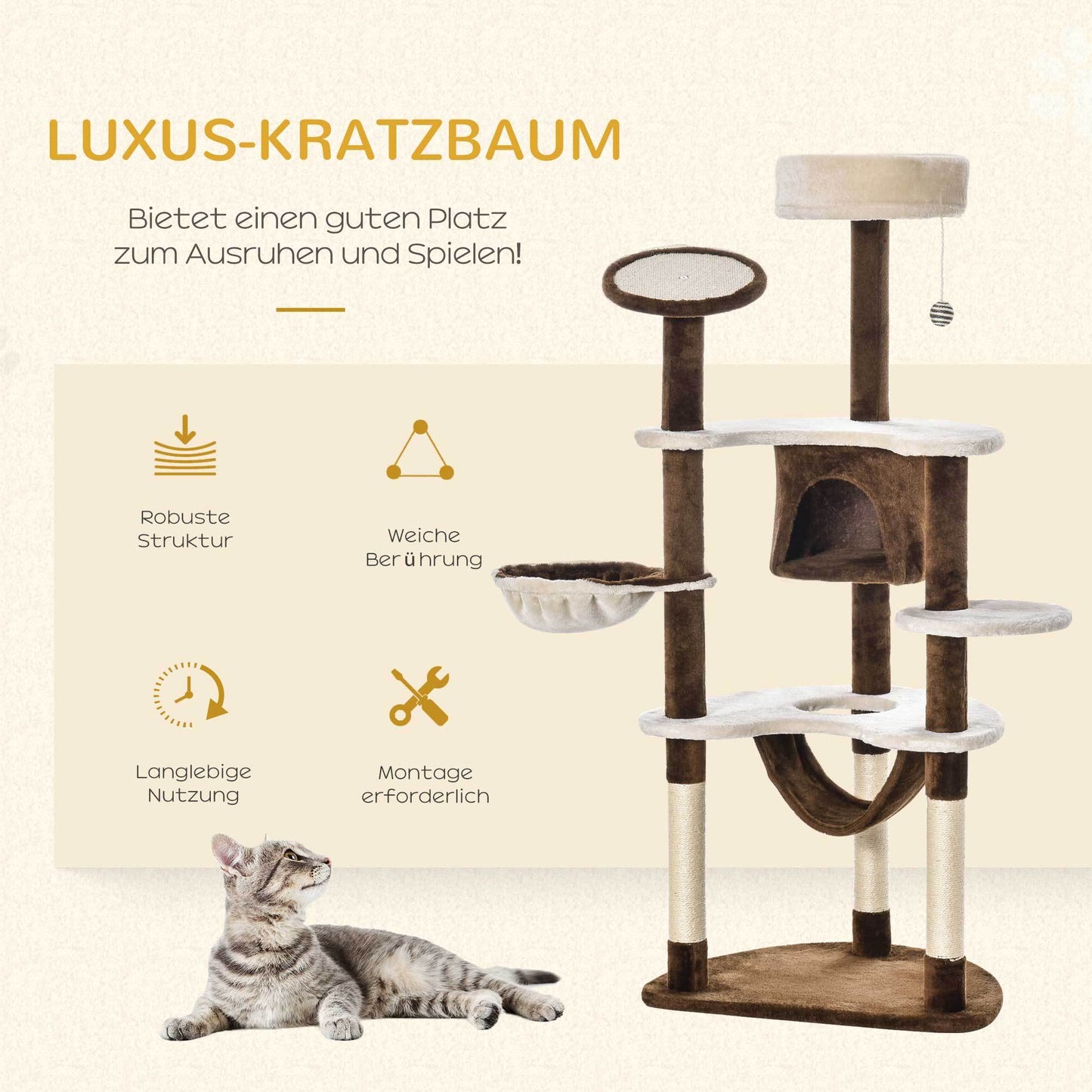 Krabpaal – Kattenboom – Kattenhuis – Kattentoren – Krabmeubel – Plush Bekleding – 65x50x153 cm Groot