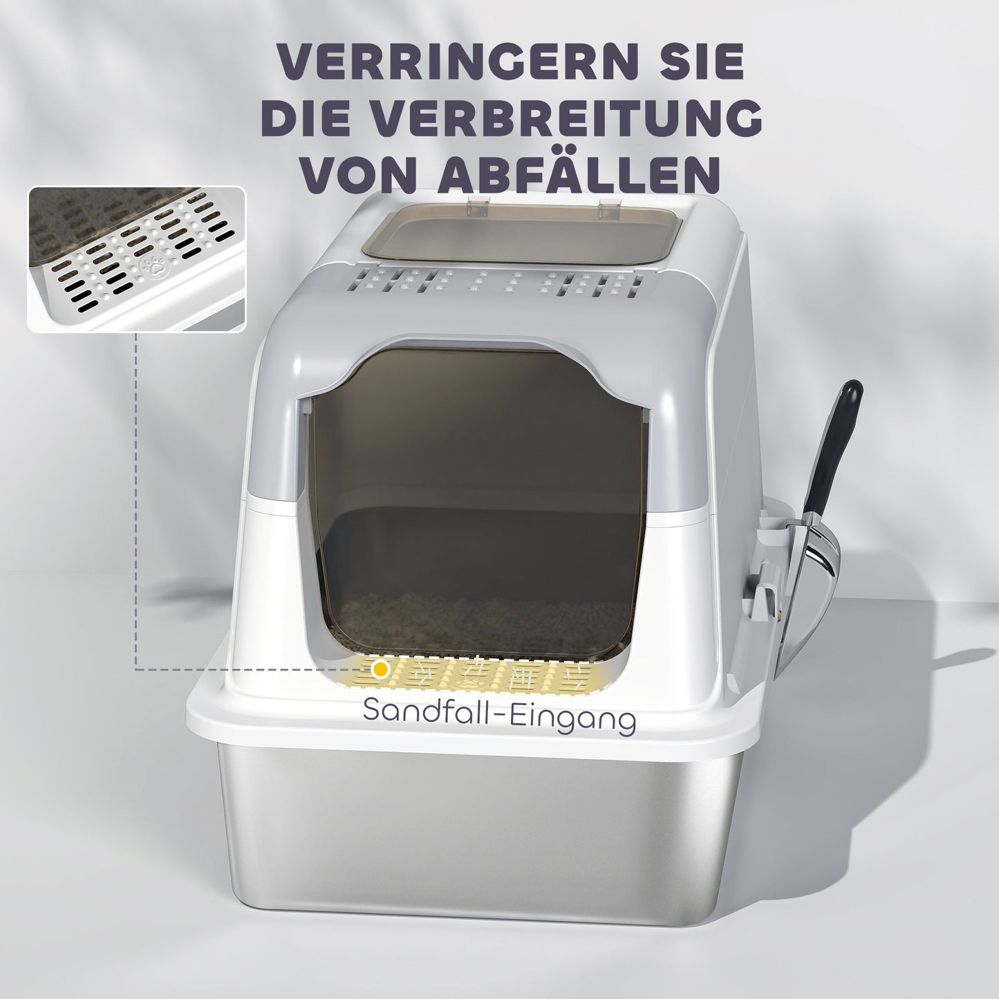 Kattenbak – Kattenbak Met Deksel – Kattenbak Met Schepje – Overdekte Kattenbak – RVS Kattenbak – Wit – Dubbele Toegang – Roestvrij Staal