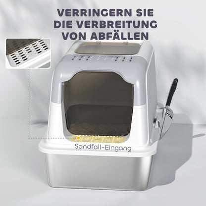 Kattenbak – Kattenbak Met Deksel – Kattenbak Met Schepje – Overdekte Kattenbak – RVS Kattenbak – Wit – Dubbele Toegang – Roestvrij Staal
