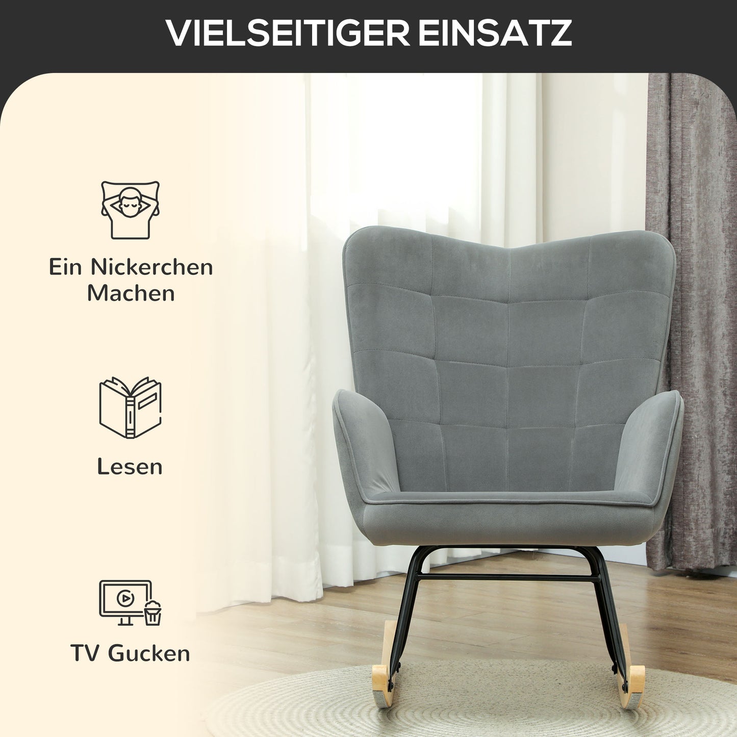 Vintage Schommelstoel – Schommelstoel – Relaxstoel – Fauteuil – Wiegstoel – Donkergrijs – Beukenhout & Staal – Dikke Bekleding