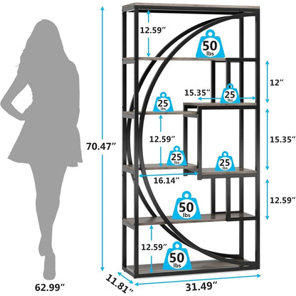 Boekenkast – Boekenrek – Vakkenkast – Stellingkast – Wandkast – Industrieel Design – 5 Niveaus Met Zwarte Metaalframe – 180 cm Hoog