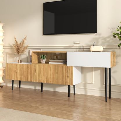 TV Meubel – TV Kast – TV Meubelkast – Lowboard – Mediameubel – Verstelbare Lengte – Modulaire Twee-delige Ontwerp – Zwarte Metalen Poten – Warme Bruine Afwerking