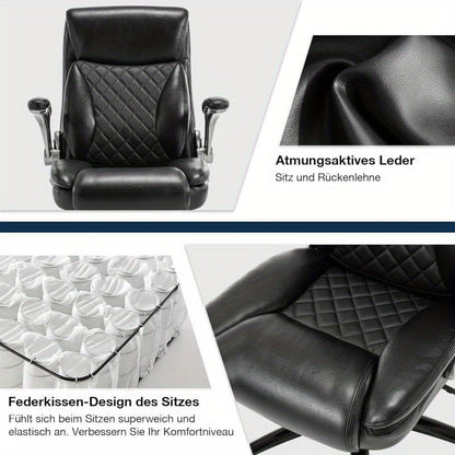 Bureaustoel – Computerstoel – Kantoorstoel – Directiestoel – Werkstoel – Ergonomische Hoge Rugleuning – Inklapbare Armleuningen – Draagvermogen 200 kg – PU Lederen Bekleding – Zwart