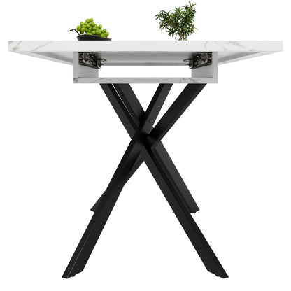 Eettafel – Dinertafel – Keukentafel – Salontafel – Eetkamertafel – Uitbreidbaar – Marmerlook Wit Tafelblad – Zwart Metalen Frame – Verstelbaar 120-160 cm – Ruimtebesparend Modern Design