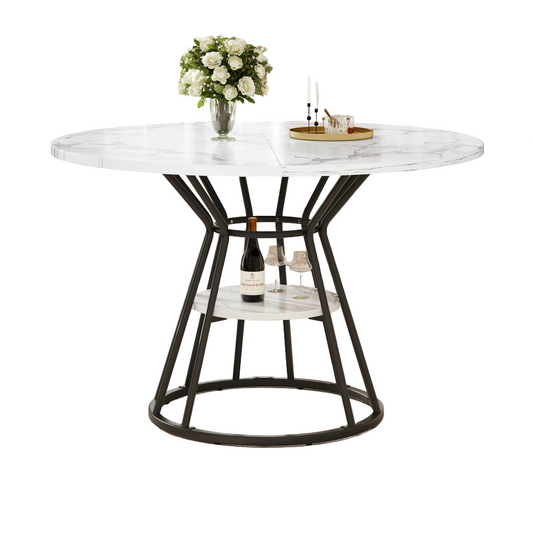 Ronde Eettafel – Eetkamertafel – Keukentafel – Ontbijttafel – Tafeltje – Modern Design – Wit Marmerblad & Zwarte Metalen Poten – Ruimtebesparend & Eenvoudige Montage