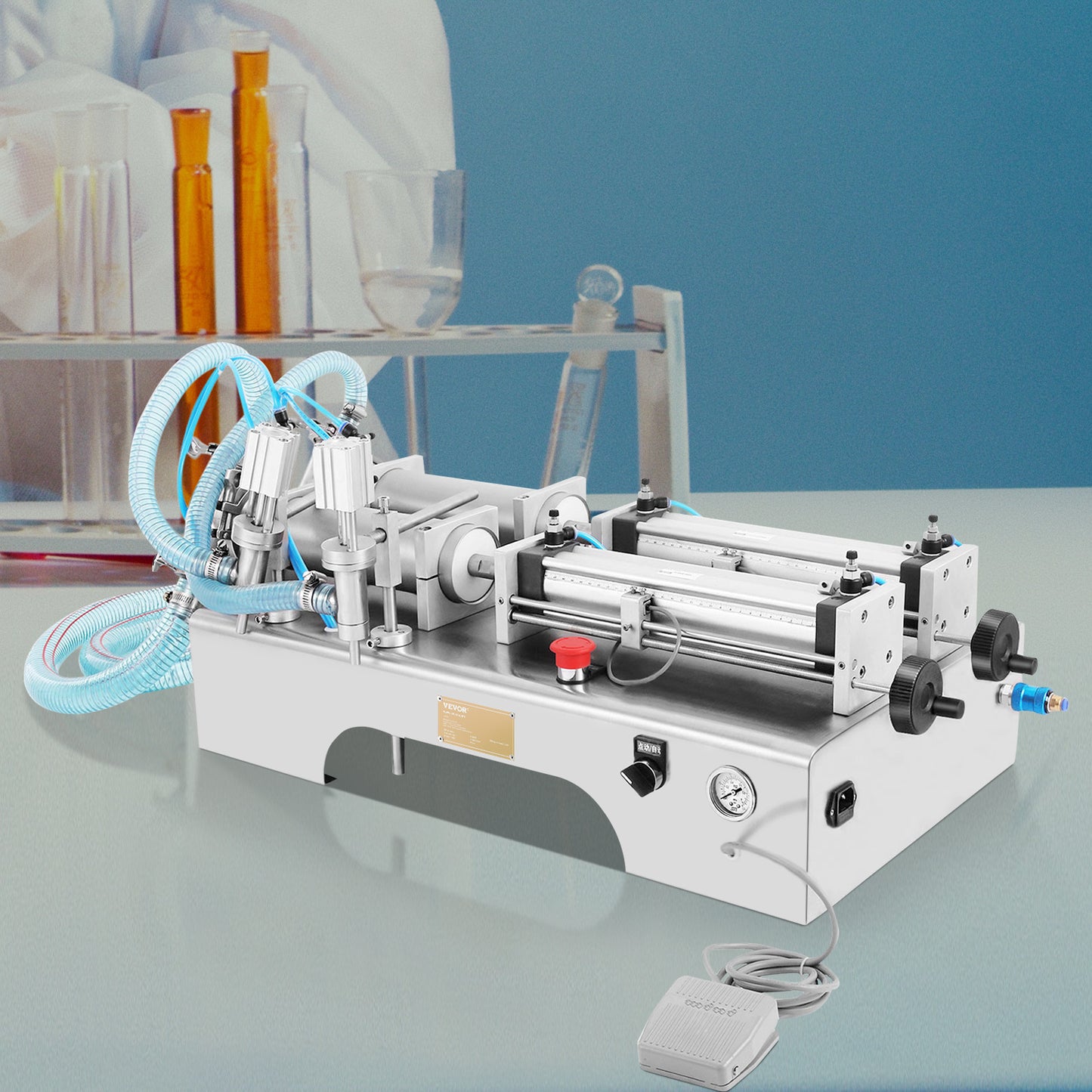 Vulmachine – Vloeistofvuller – Flessenvuller – Pneumatische Vulmachine – Vloeistof Dispenser – Twee Vulmondjes – Roestvrij Staal – Instelbaar 100-1000 ml