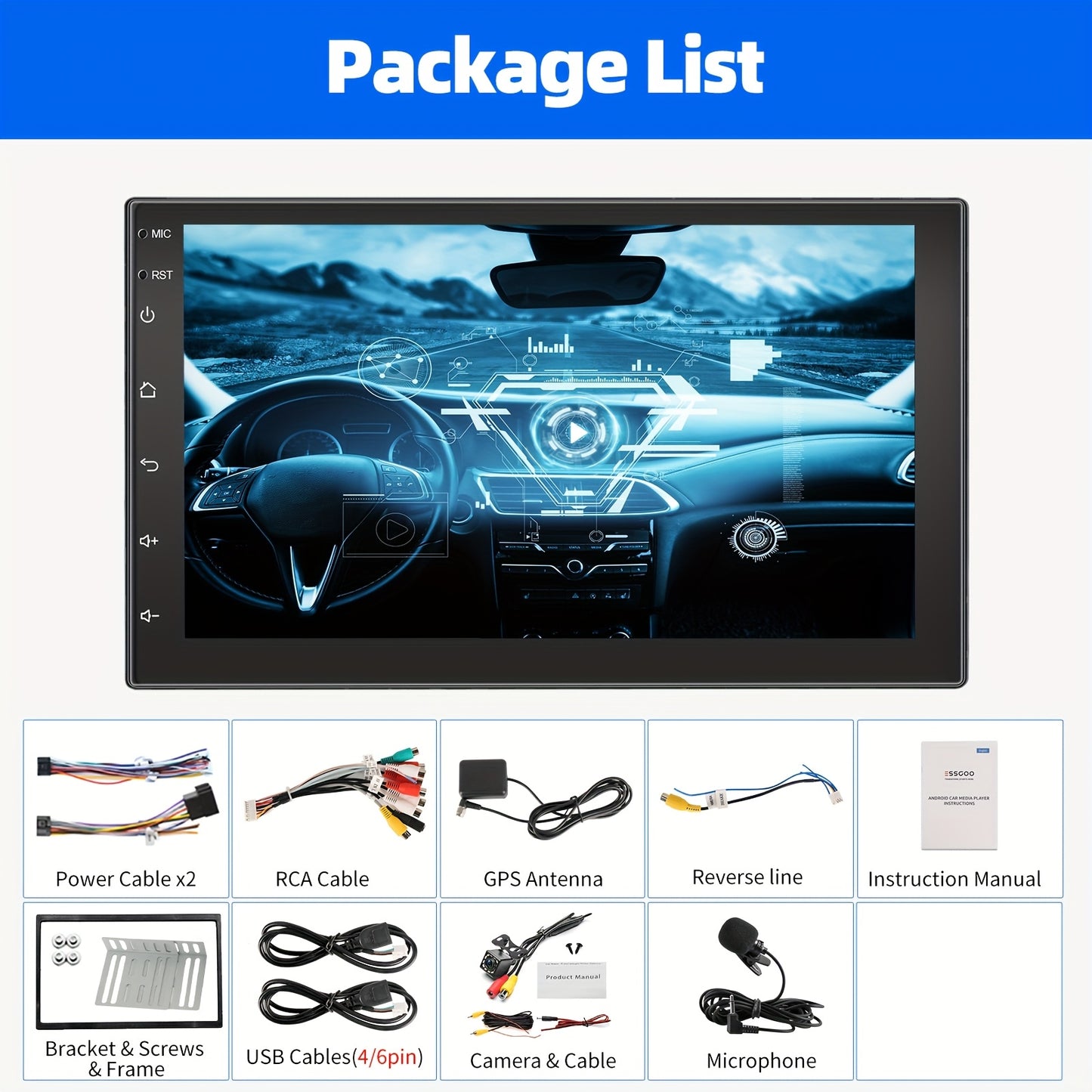 Android Autoradio – Multimedia Systeem – 2 DIN Radio – Auto Headunit – Touchscreen Stereo – 7 inch IPS Scherm – Android 14 Besturingssysteem – Inclusief 12 LED Achteruitrijcamera & Microfoon